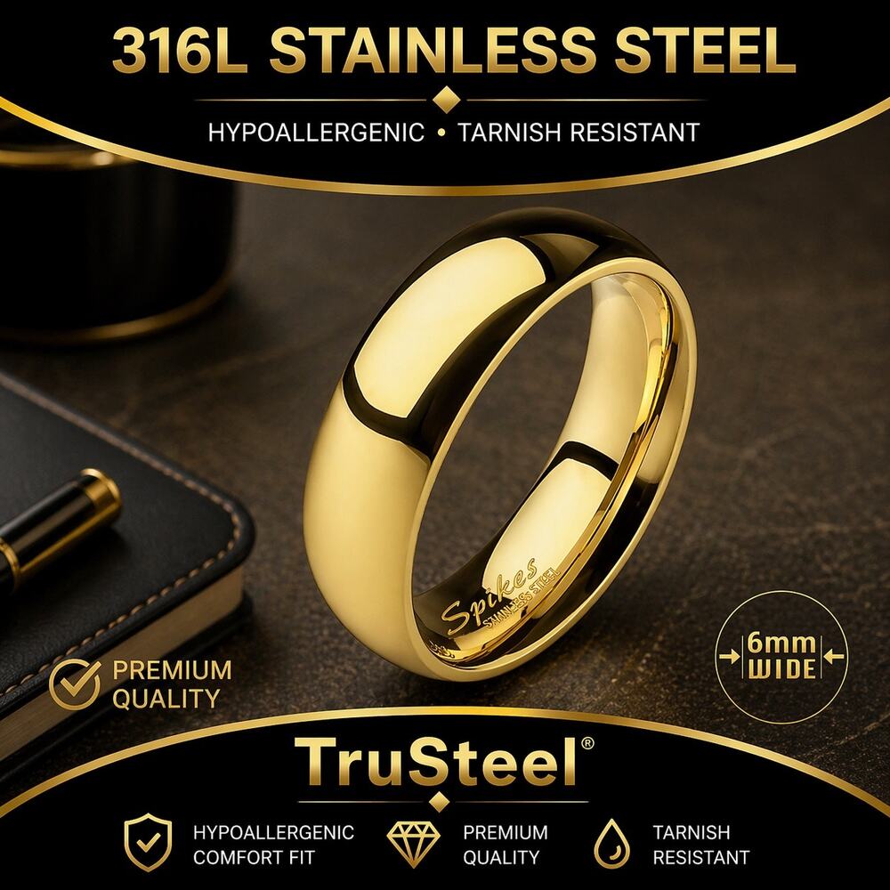 Men’s Polished Gold Wedding Band 316L Stainless Steel 6mm width ring Size 12